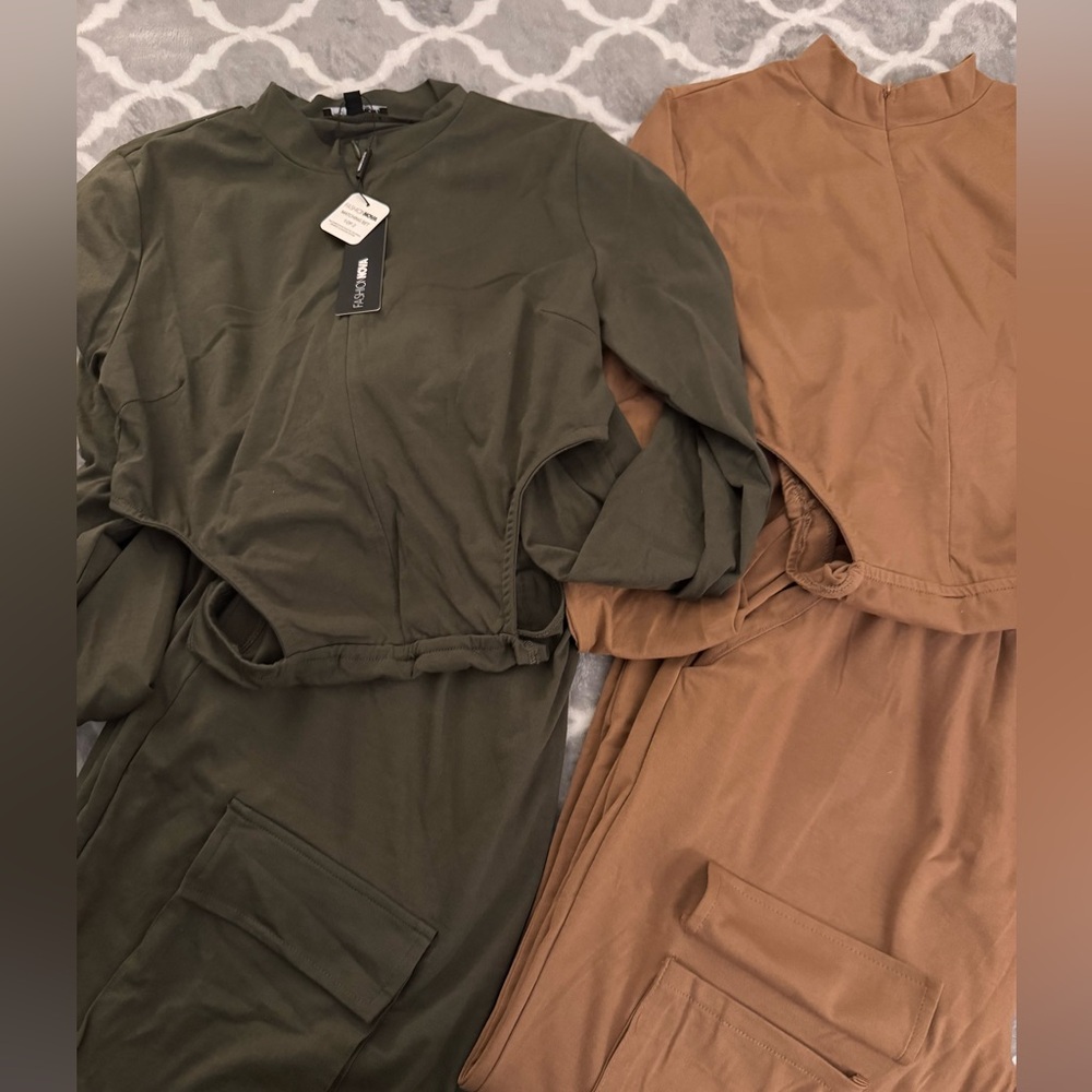 Fashion Nova Olive Long Sleeve Bodysuit Jogger Set - Picture 6 of 8